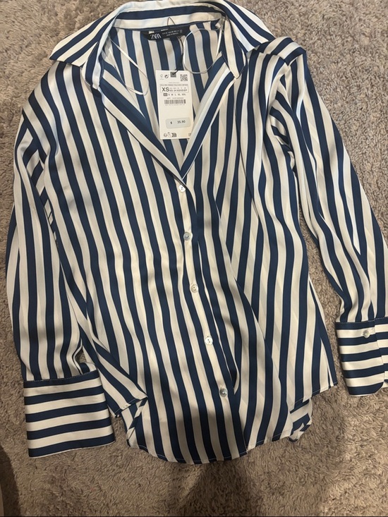 Zara Tops - Zara Blue and White Vertical Stripe Satin Button-Down Blouse